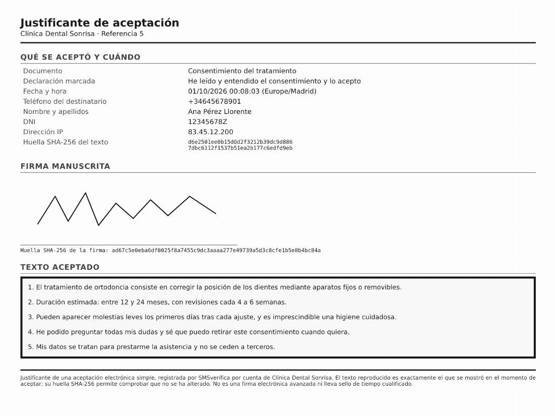 Justificatif d’acceptation en PDF avec les données, la signature manuscrite et le texte accepté