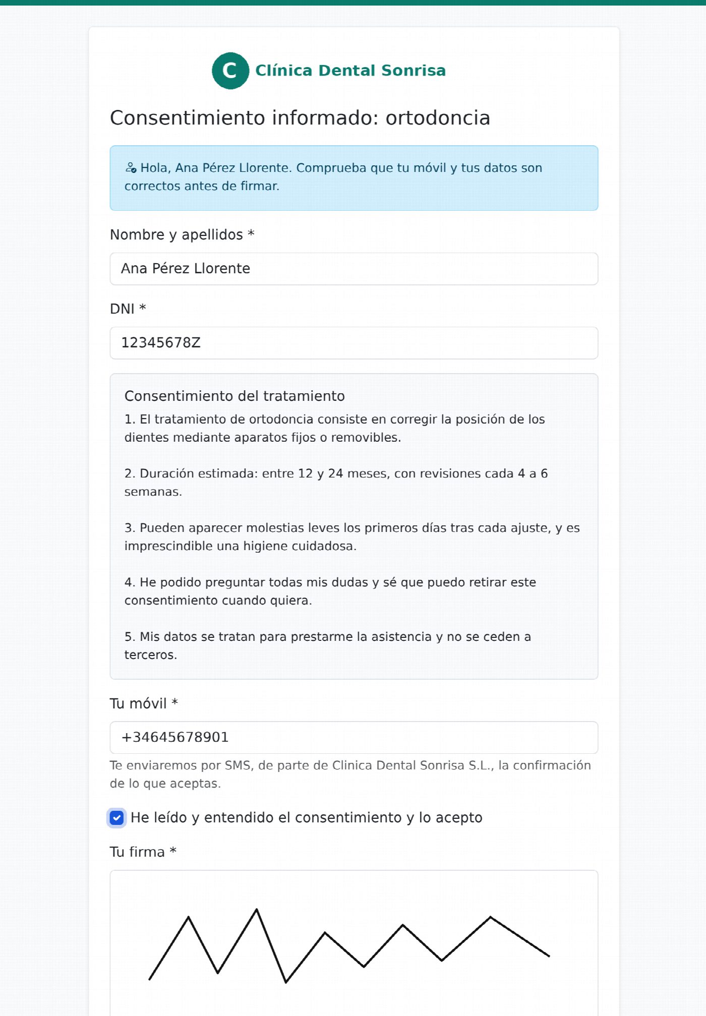 Page de signature sur la tablette avec les données de la personne qui signe, les conditions et la signature au doigt