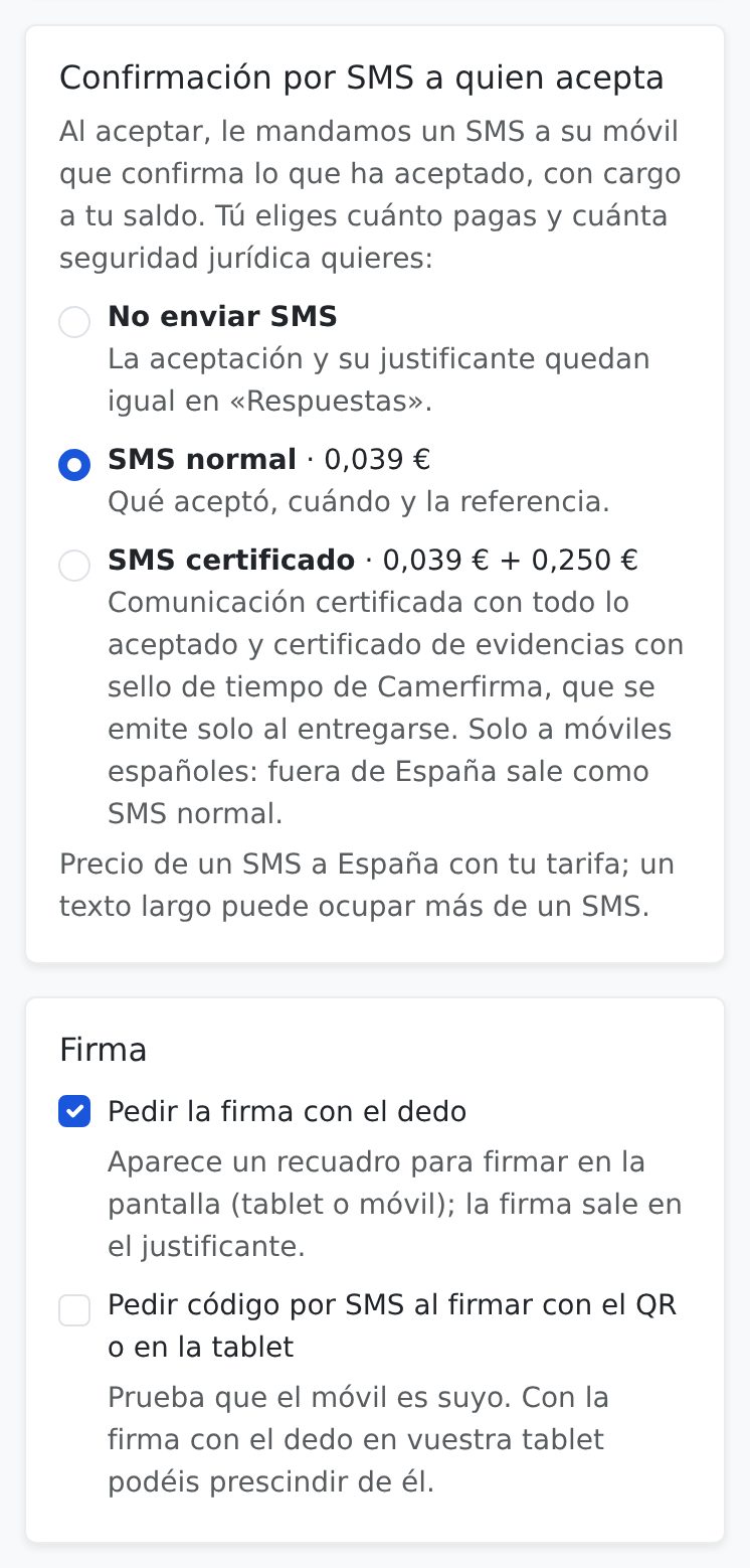 Options de signature et de confirmation par SMS dans l’éditeur de la page