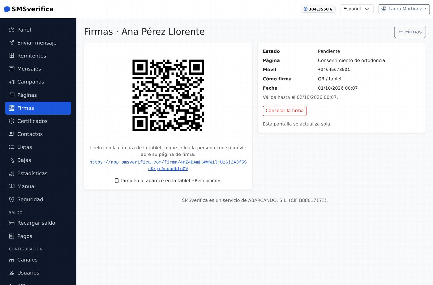 QR code d’une signature dans le tableau de bord