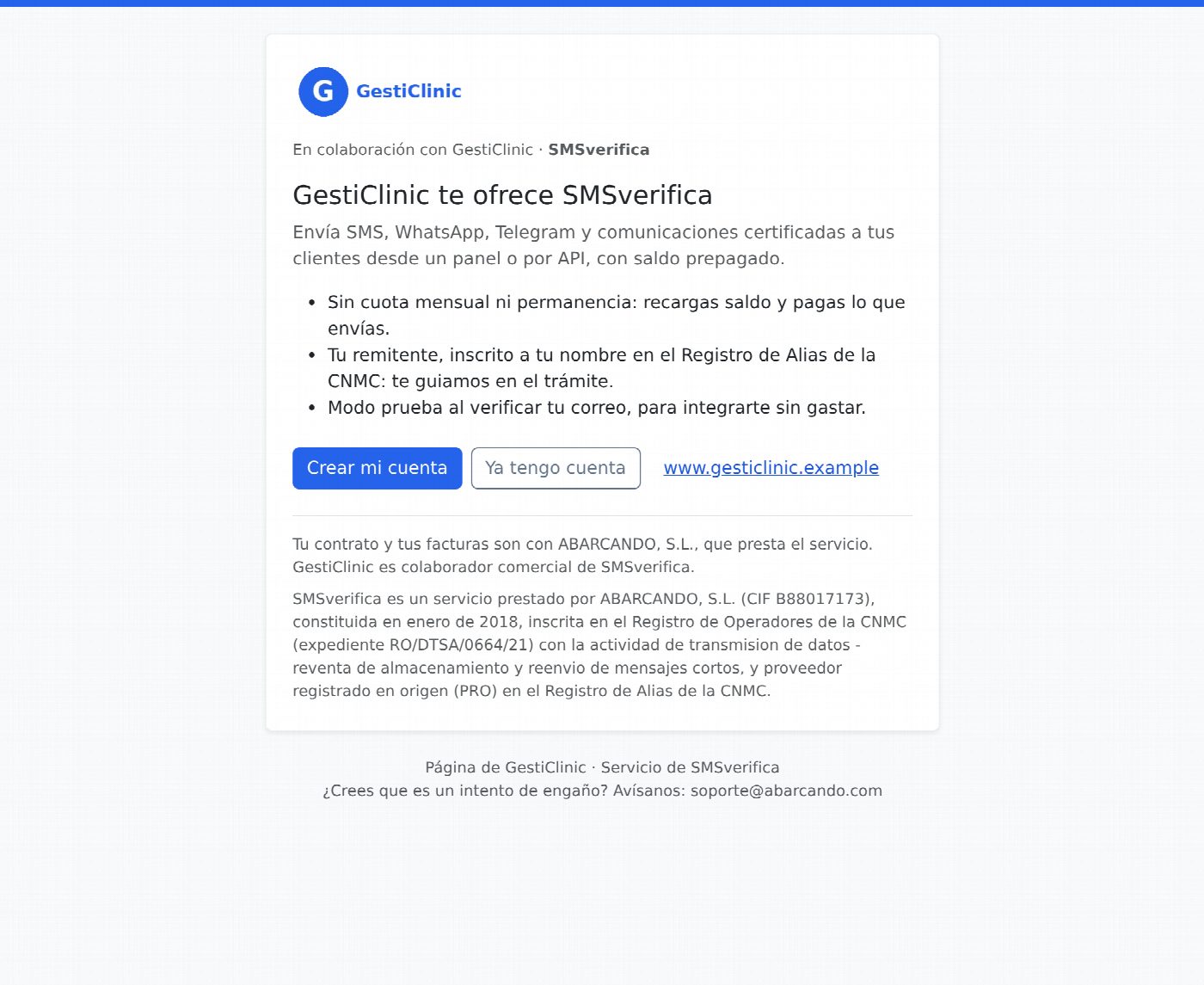 A reseller's sign-up page with their logo and ABARCANDO's details as operator