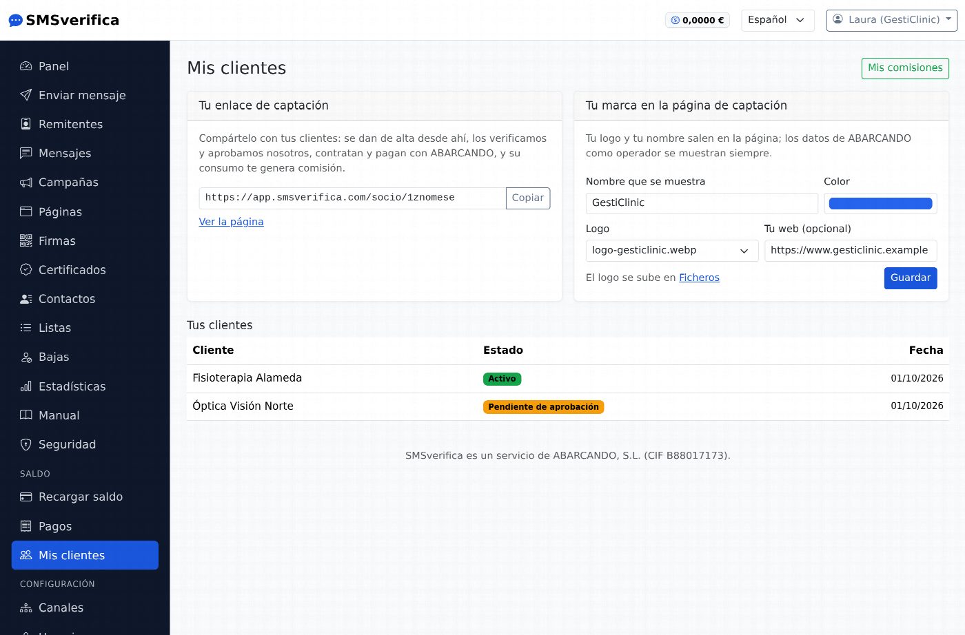 Reseller dashboard with their sign-up link, their brand and their customers